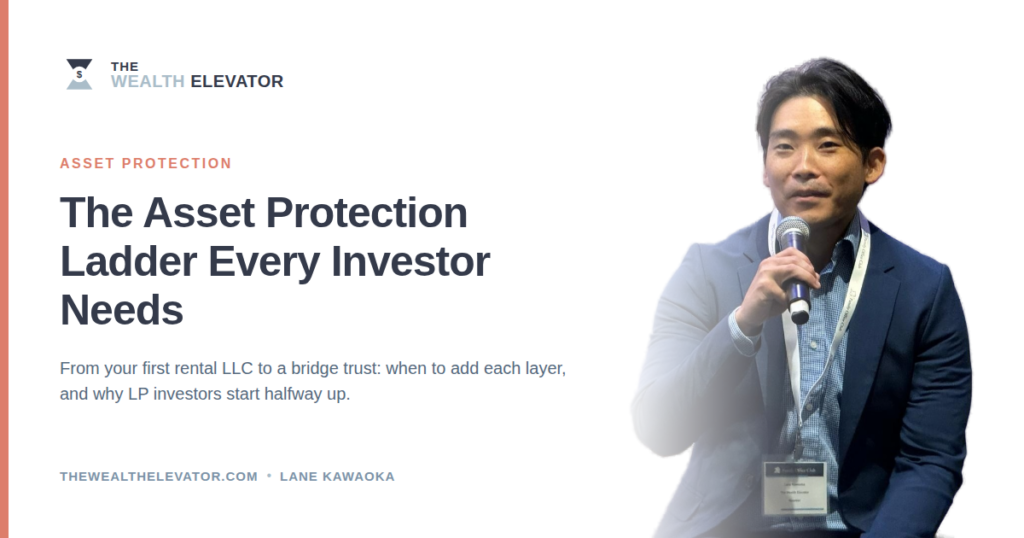 Lane Kawaoka speaking on a conference panel, representing the asset protection ladder framework for accredited real estate investorsLane Kawaoka standing in front of a modern building, representing the asset protection ladder framework for real estate investors