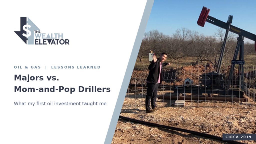 Lane Kawaoka standing beside a pump jack at his first oil investment in 2019, next to the headline Majors vs. Mom-and-Pop Drillers.
