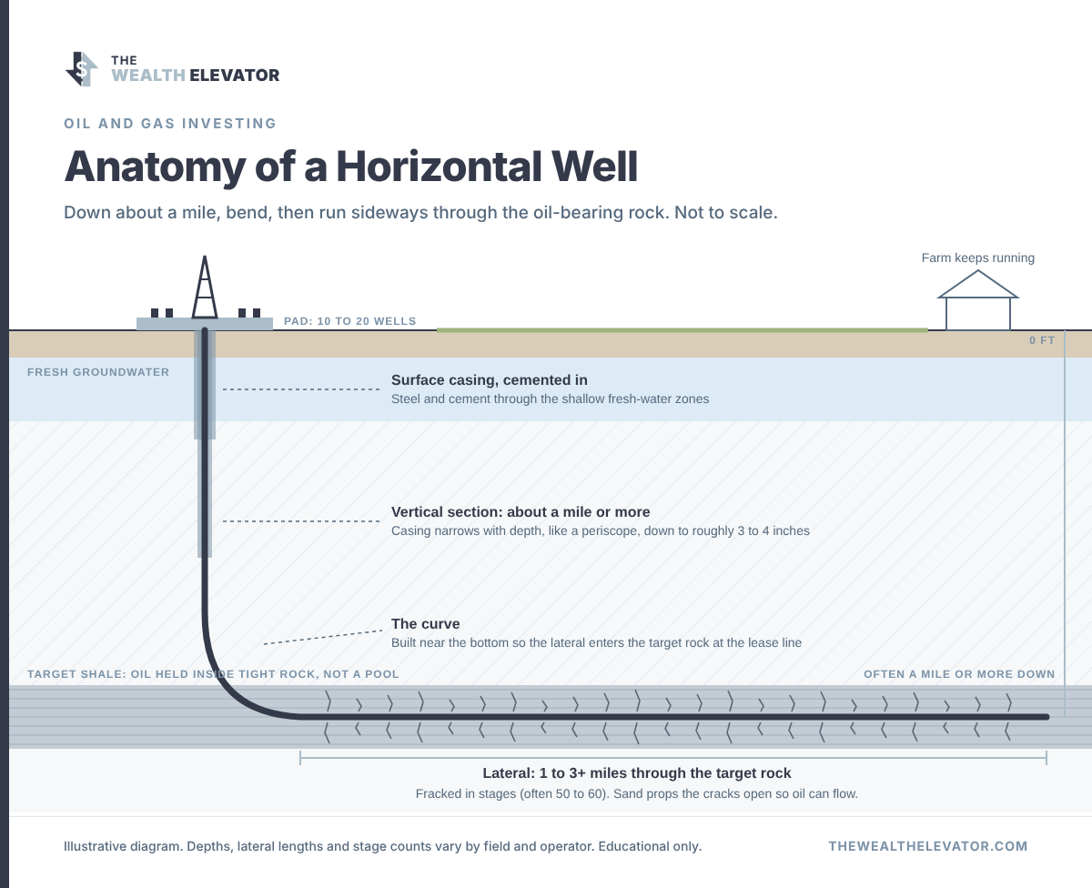 Diagram of a horizontal oil well: pad, surface casing through groundwater, vertical section, curve and a fracked lateral in shale
