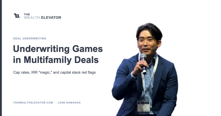 Lane Kawaoka speaking at an event, next to the headline Underwriting Games in Multifamily Deals.
